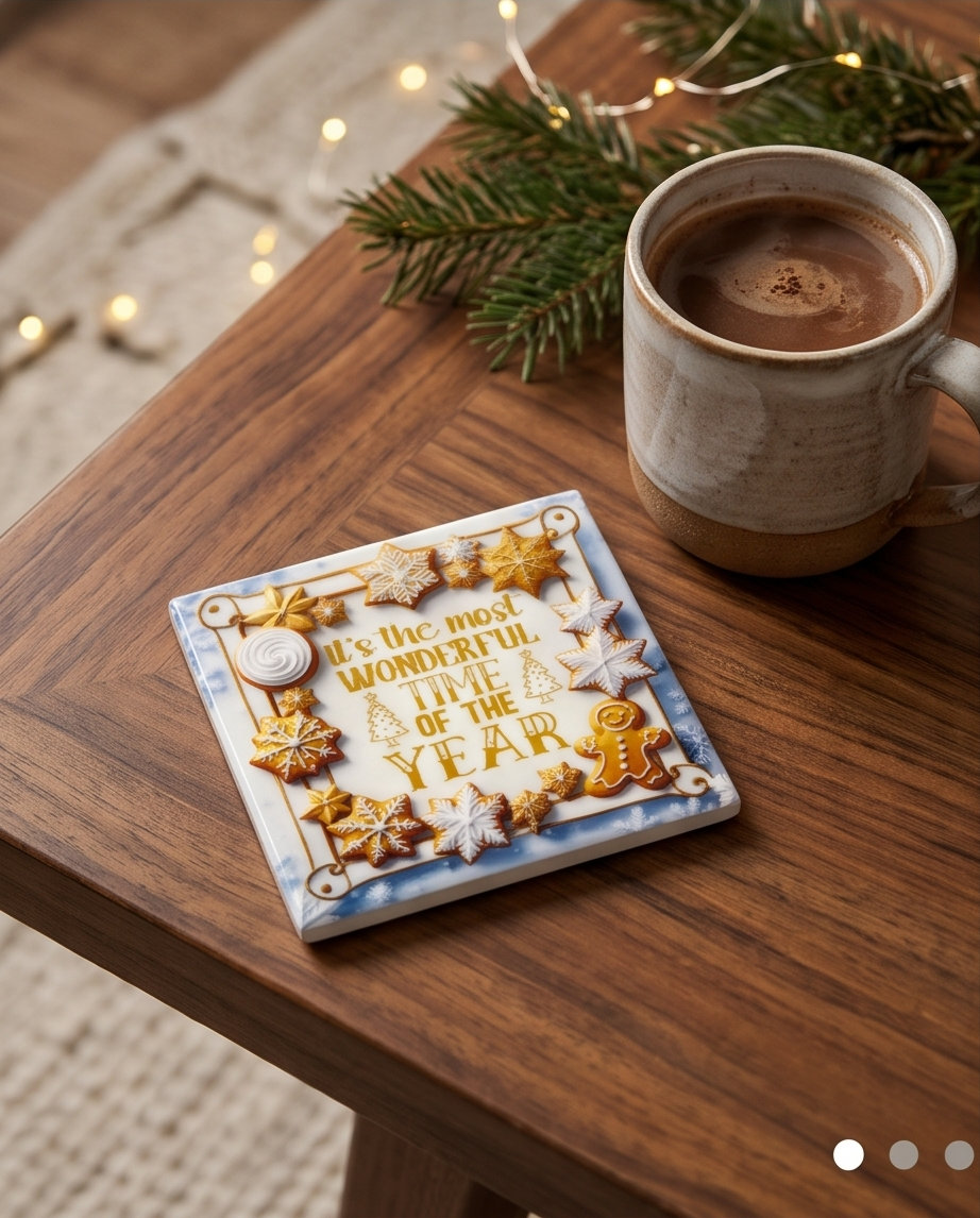 Christmas Ceramic Coaster with Cork Backing 4x4 | Most Wonderful Time of the Year | Gingerbread Holiday Coaster | Christmas Coffee Bar Decor
