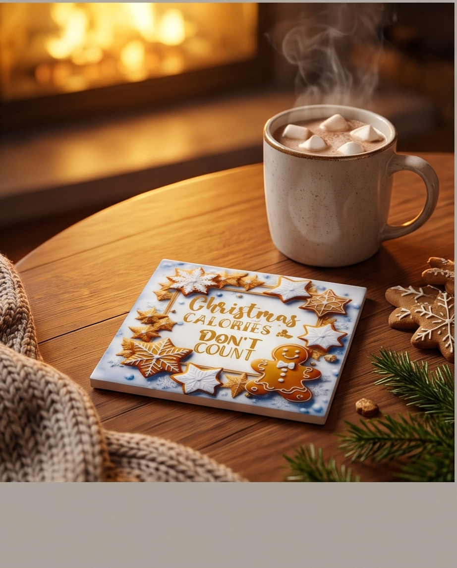 Christmas Ceramic Coaster with Cork Backing 4x4 | Christmas Calories Don’t Count | Gingerbread Cookie Coaster | Holiday Coffee Bar Decor