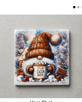 Winter Gnome Ceramic Coaster with Cork Backing 4x4 | Hot Cocoa Weather Coaster | Christmas Gnome Decor | Holiday Coffee Bar Gift -