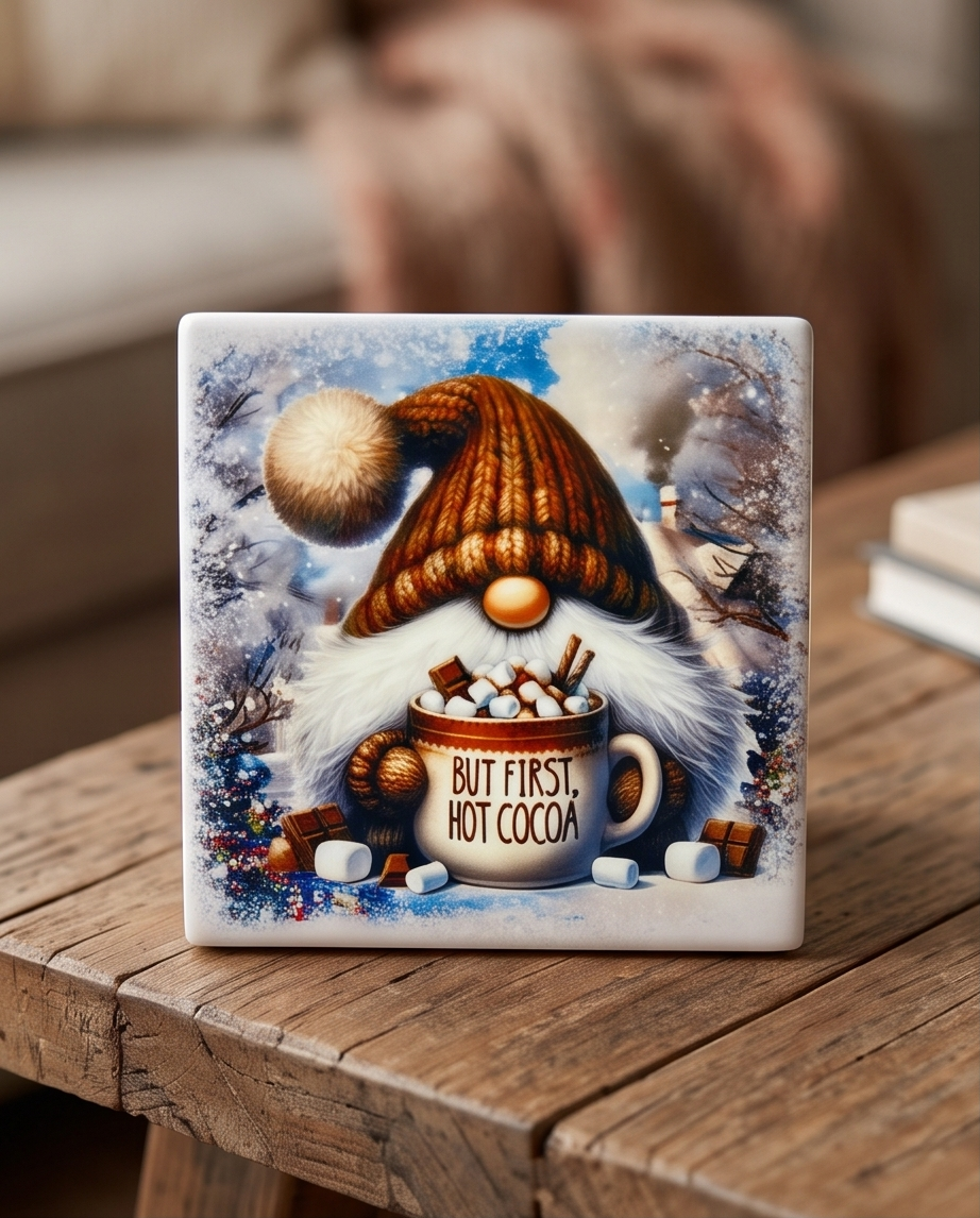 Winter Gnome Ceramic Coaster with Cork Backing 4x4 | But First Hot Cocoa Coaster | Christmas Gnome Gift | Winter Coffee Bar Decor