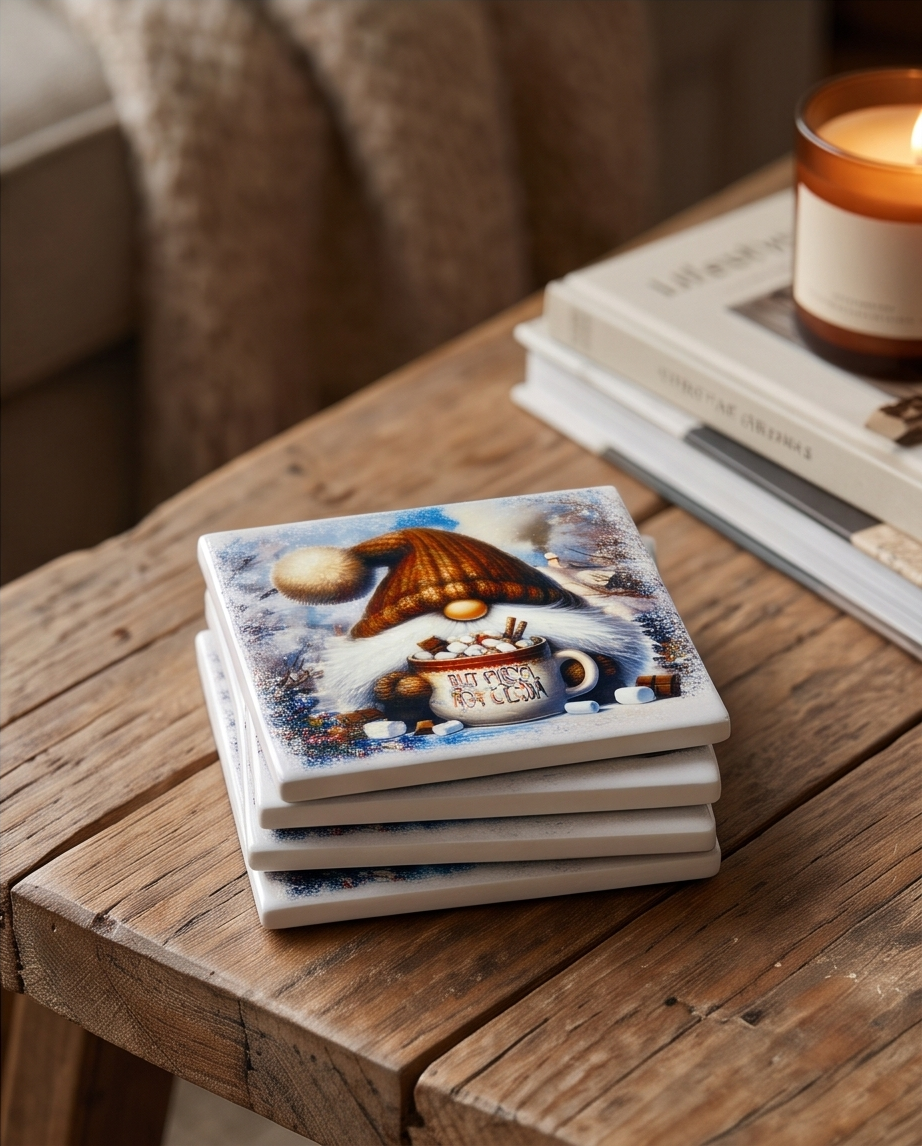 Winter Gnome Ceramic Coaster with Cork Backing 4x4 | But First Hot Cocoa Coaster | Christmas Gnome Gift | Winter Coffee Bar Decor
