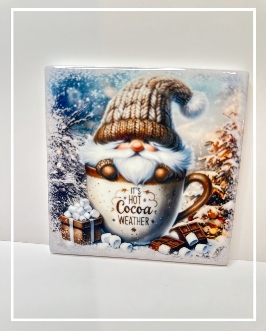 Winter Gnome Ceramic Coaster with Cork Backing 4x4 | It’s Hot Cocoa Weather | Cute Gnome Coffee Coaster | Winter Coffee Bar Decor