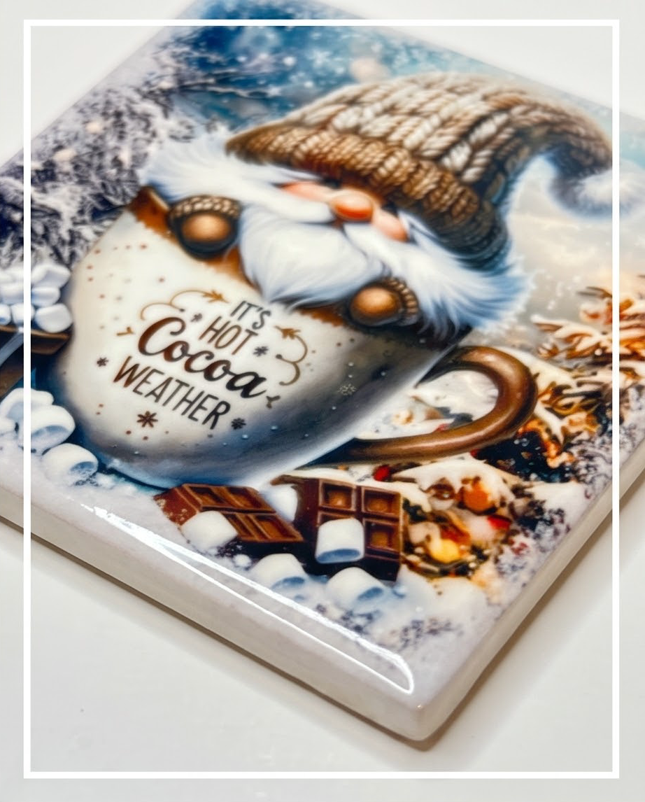 Winter Gnome Ceramic Coaster with Cork Backing 4x4 | It’s Hot Cocoa Weather | Cute Gnome Coffee Coaster | Winter Coffee Bar Decor