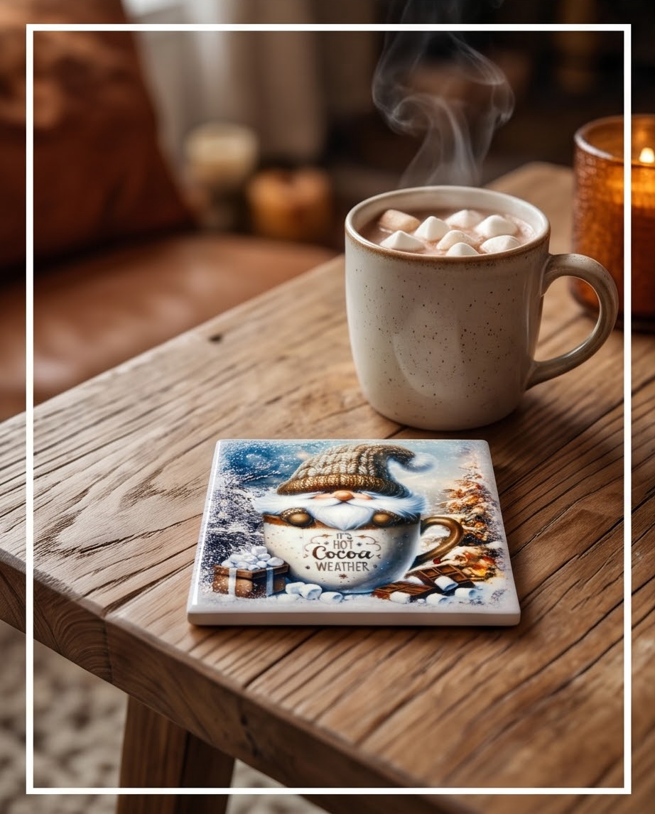 Winter Gnome Ceramic Coaster with Cork Backing 4x4 | It’s Hot Cocoa Weather | Cute Gnome Coffee Coaster | Winter Coffee Bar Decor
