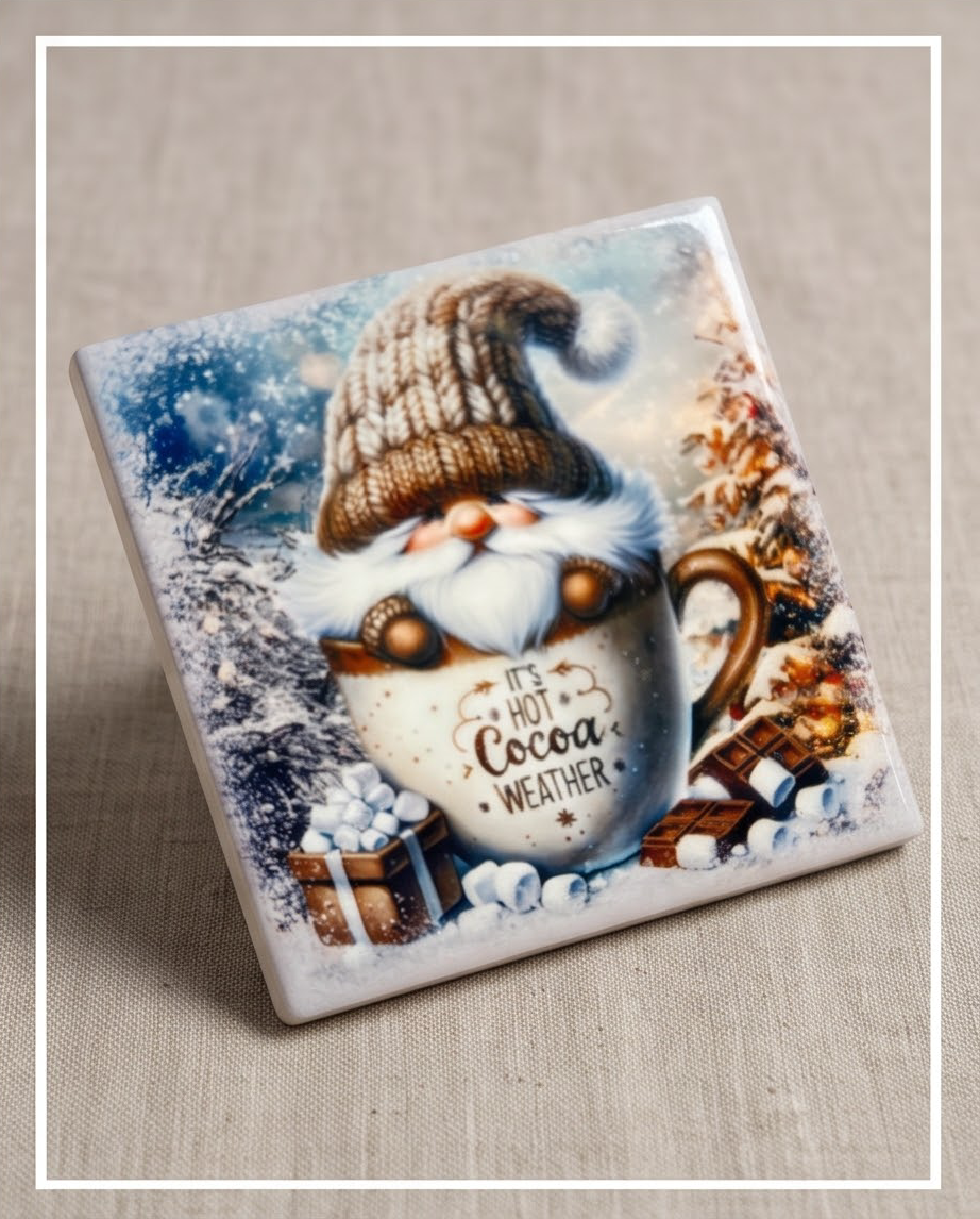 Winter Gnome Ceramic Coaster with Cork Backing 4x4 | It’s Hot Cocoa Weather | Cute Gnome Coffee Coaster | Winter Coffee Bar Decor