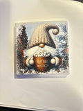 Winter Gnome Ceramic Coaster with Cork Backing 4x4 | But First Hot Cocoa Coaster | Christmas Gnome Gift | Cozy Winter Coffee Bar Decor