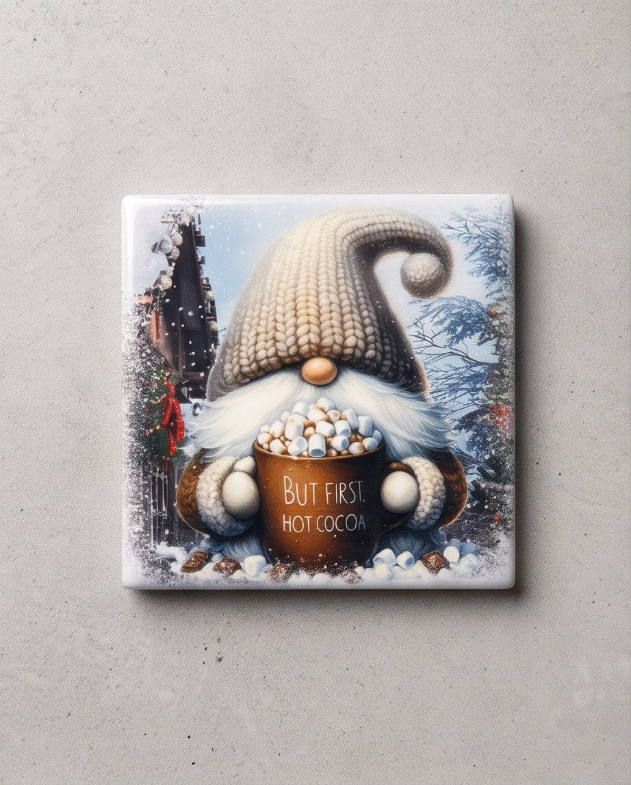 Winter Gnome Ceramic Coaster with Cork Backing 4x4 | But First Hot Cocoa Coaster | Christmas Gnome Gift | Cozy Winter Coffee Bar Decor