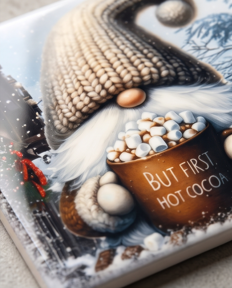 Winter Gnome Ceramic Coaster with Cork Backing 4x4 | But First Hot Cocoa Coaster | Christmas Gnome Gift | Cozy Winter Coffee Bar Decor