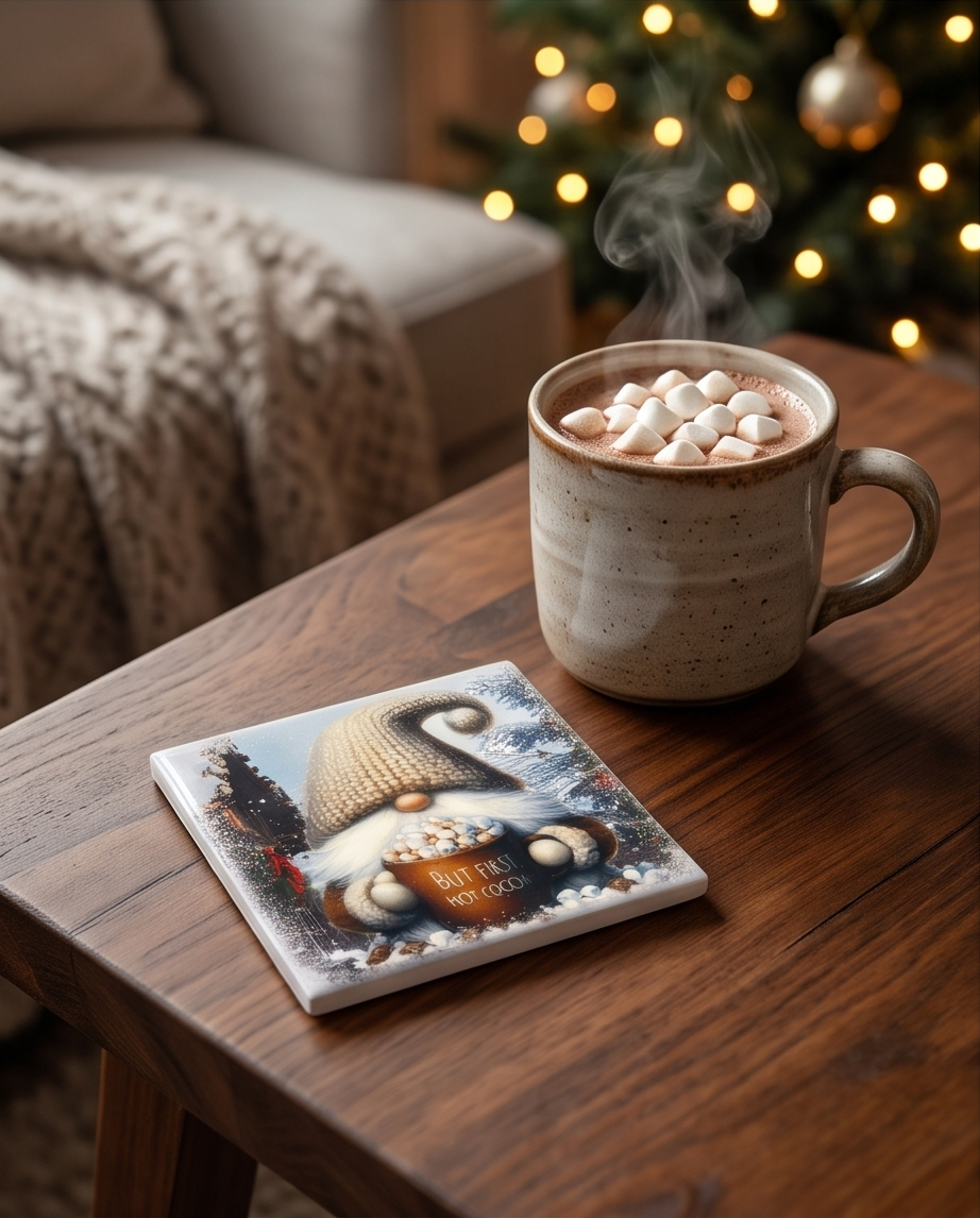 Winter Gnome Ceramic Coaster with Cork Backing 4x4 | But First Hot Cocoa Coaster | Christmas Gnome Gift | Cozy Winter Coffee Bar Decor