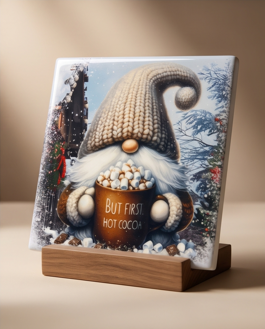 Winter Gnome Ceramic Coaster with Cork Backing 4x4 | But First Hot Cocoa Coaster | Christmas Gnome Gift | Cozy Winter Coffee Bar Decor