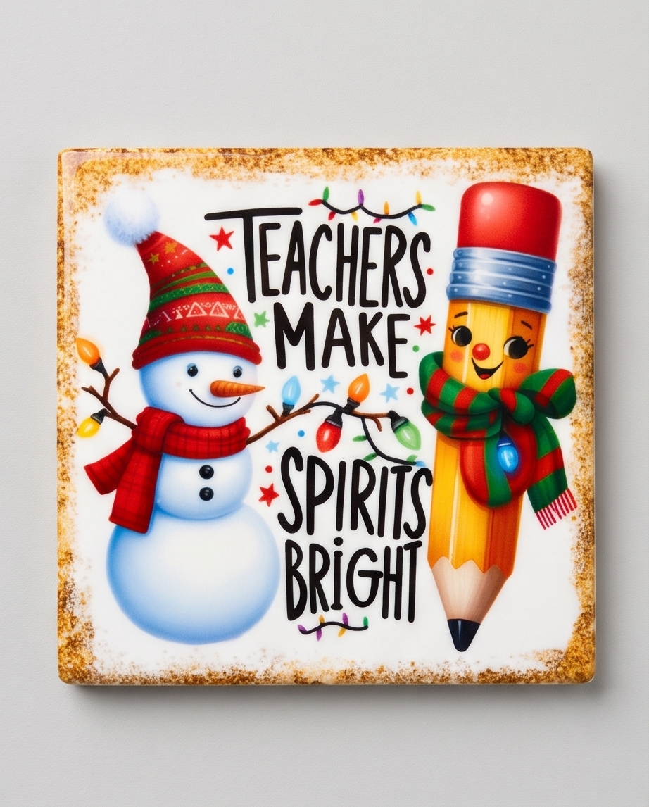 Christmas Teacher Gift Ceramic Coaster with Cork Backing 4x4 | Teachers Make Spirits Bright | Snowman Holiday Teacher Desk Decor