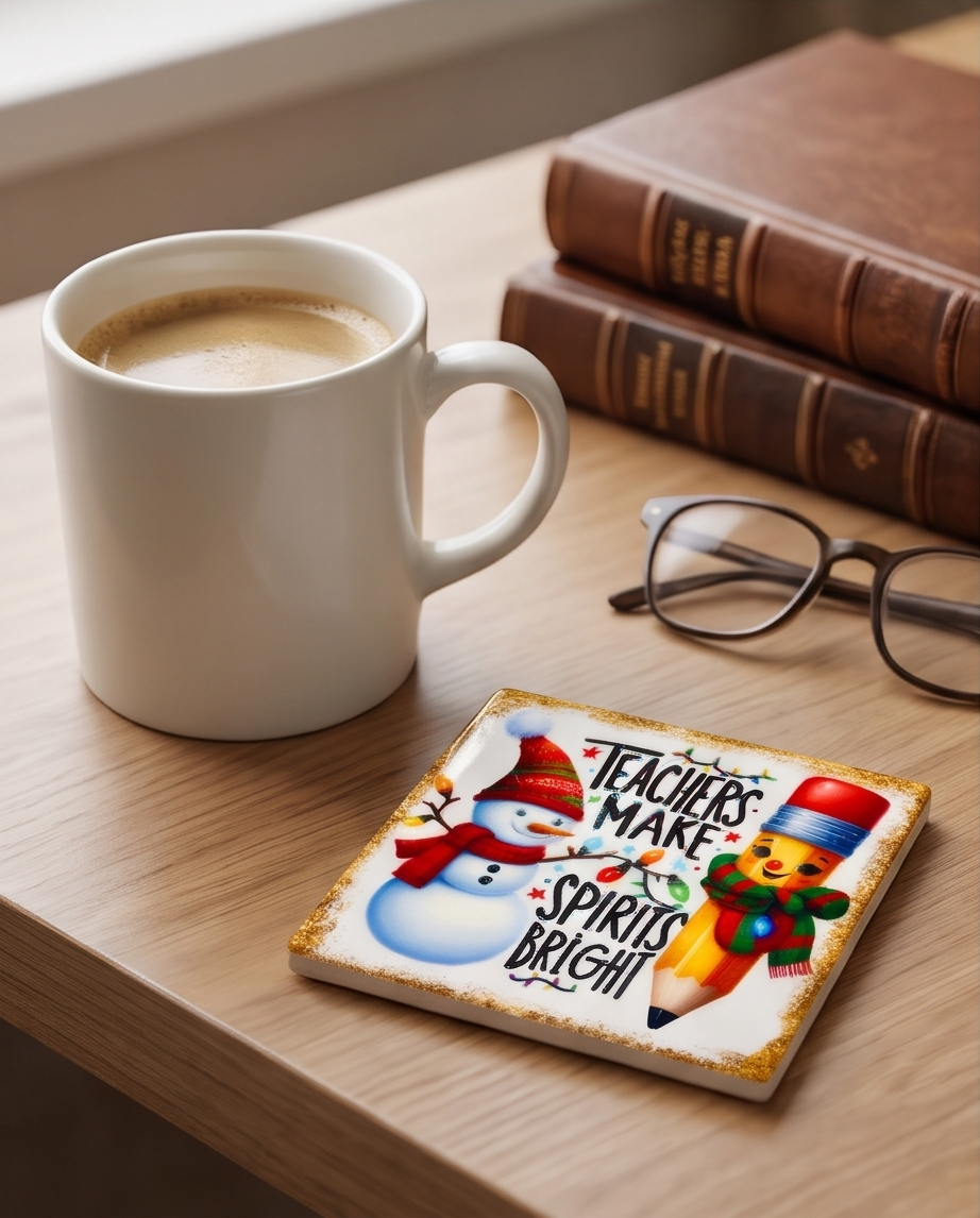 Christmas Teacher Gift Ceramic Coaster with Cork Backing 4x4 | Teachers Make Spirits Bright | Snowman Holiday Teacher Desk Decor