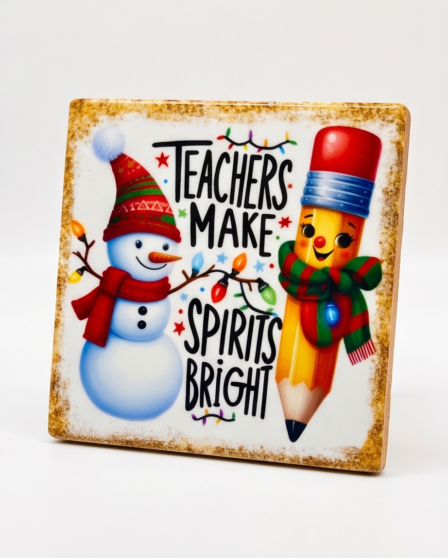 Christmas Teacher Gift Ceramic Coaster with Cork Backing 4x4 | Teachers Make Spirits Bright | Snowman Holiday Teacher Desk Decor