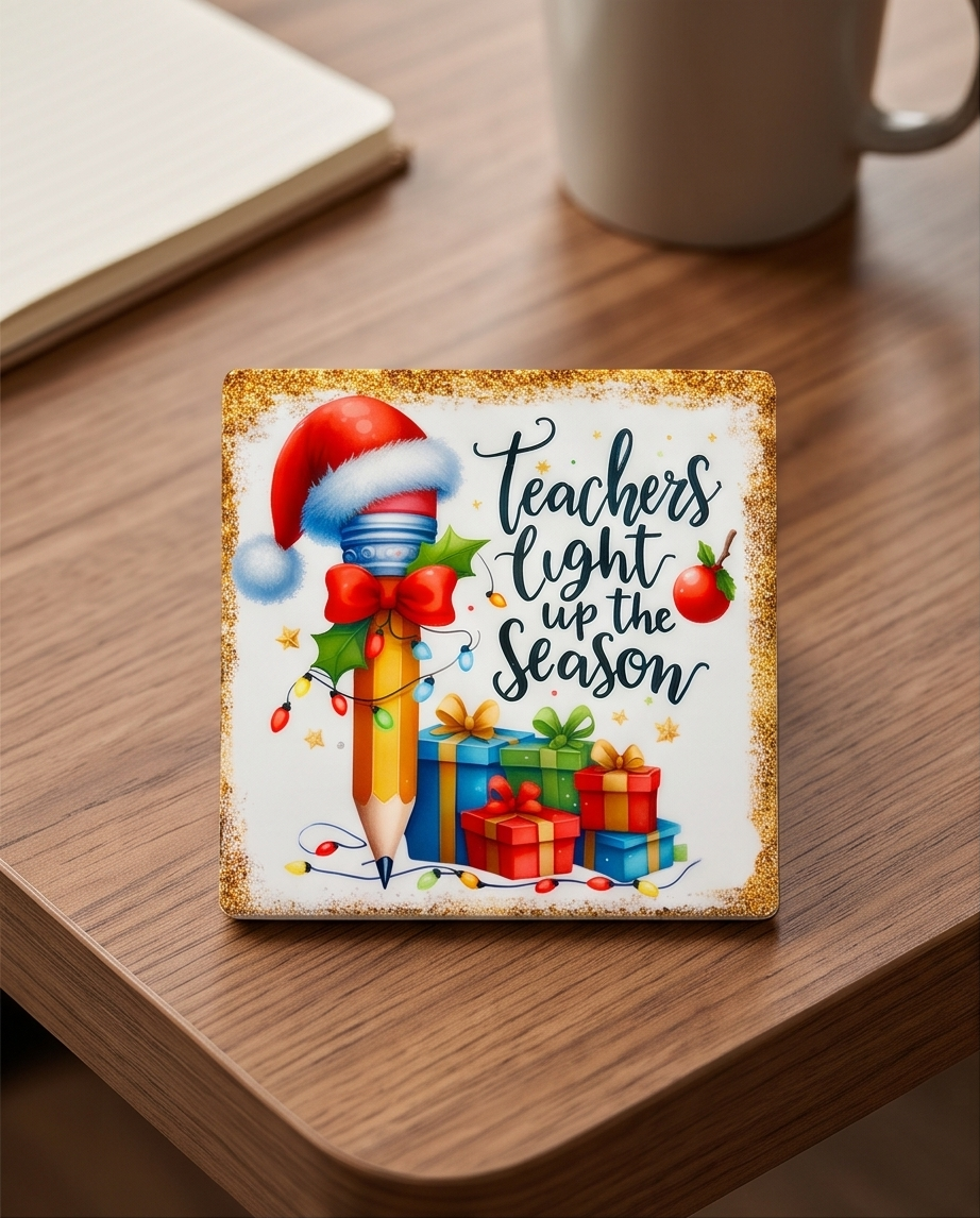 Christmas Teacher Ceramic Coaster with Cork Backing 4x4 | Teachers Light Up the Season | Teacher Christmas Gift | Holiday Desk Decor