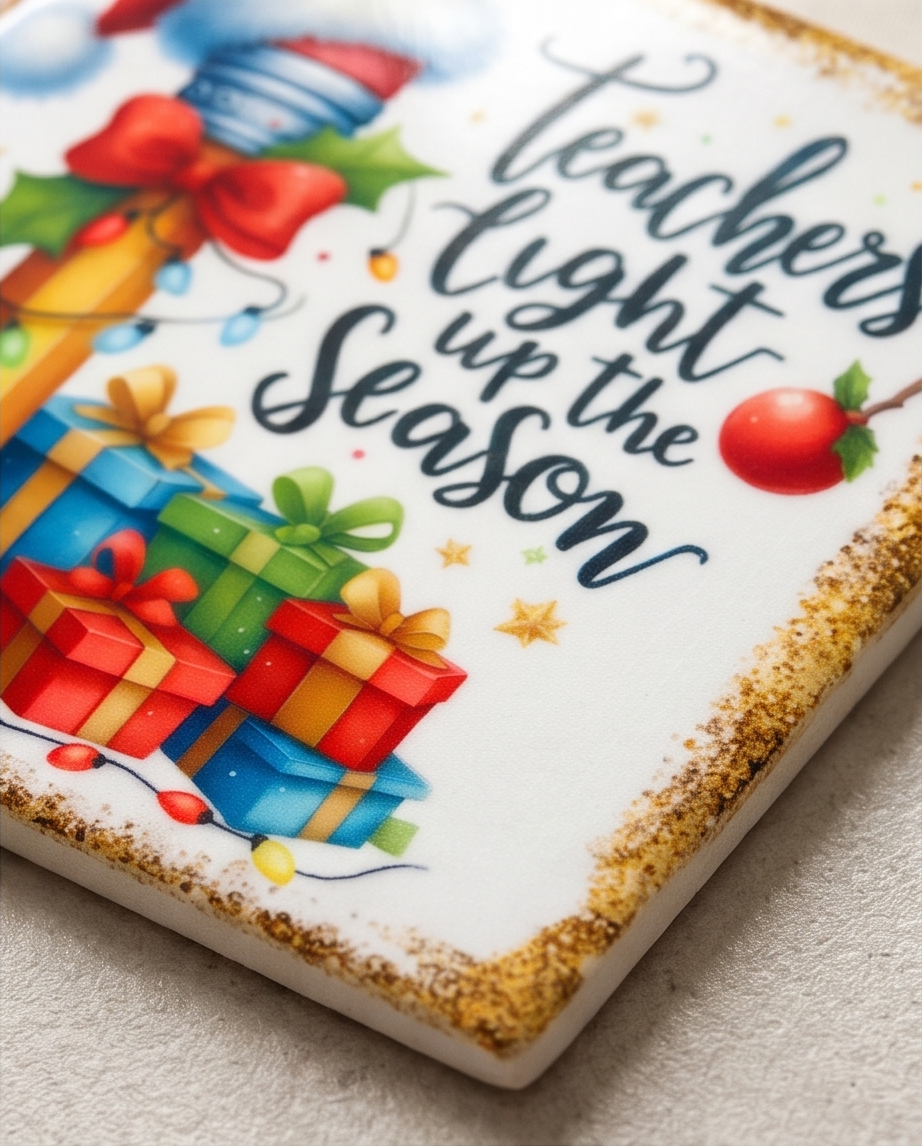 Christmas Teacher Ceramic Coaster with Cork Backing 4x4 | Teachers Light Up the Season | Teacher Christmas Gift | Holiday Desk Decor