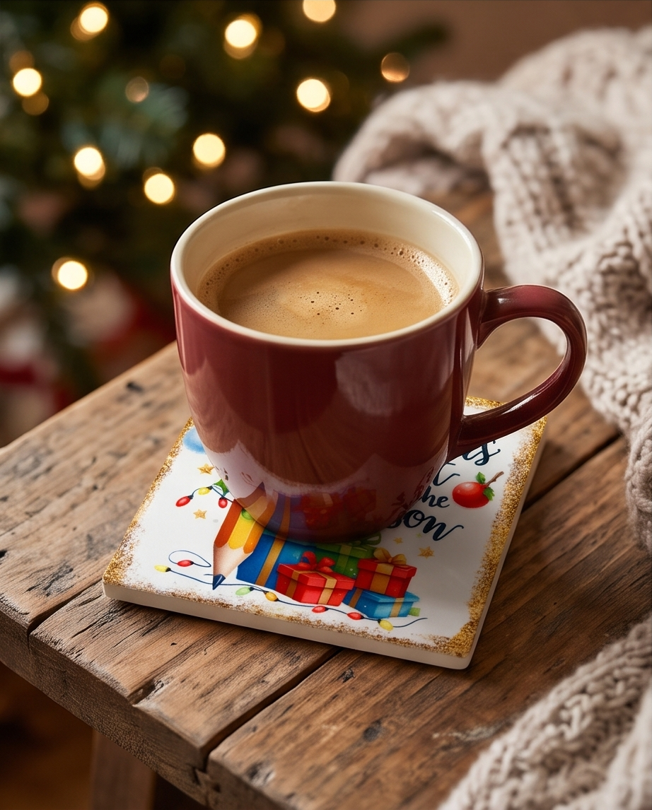Christmas Teacher Ceramic Coaster with Cork Backing 4x4 | Teachers Light Up the Season | Teacher Christmas Gift | Holiday Desk Decor