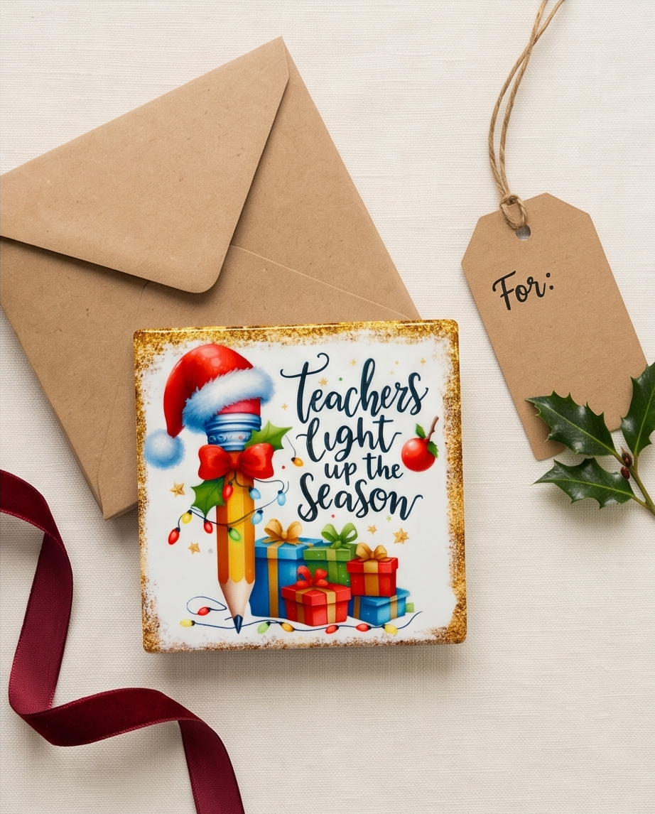 Christmas Teacher Ceramic Coaster with Cork Backing 4x4 | Teachers Light Up the Season | Teacher Christmas Gift | Holiday Desk Decor