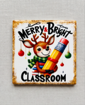 Christmas Teacher Ceramic Coaster with Cork Backing 4x4 | Merry and Bright Classroom | Cute Reindeer Teacher Gift | Holiday Desk Decor50