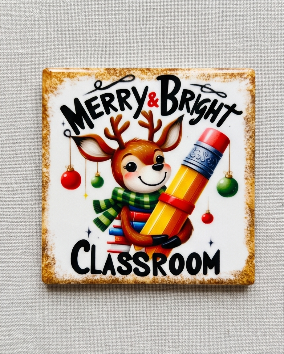 Christmas Teacher Ceramic Coaster with Cork Backing 4x4 | Merry and Bright Classroom | Cute Reindeer Teacher Gift | Holiday Desk Decor50