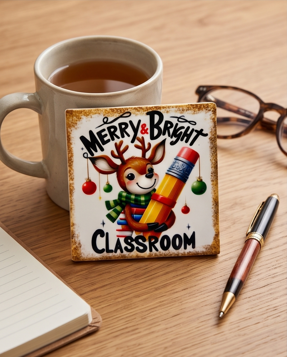 Christmas Teacher Ceramic Coaster with Cork Backing 4x4 | Merry and Bright Classroom | Cute Reindeer Teacher Gift | Holiday Desk Decor50