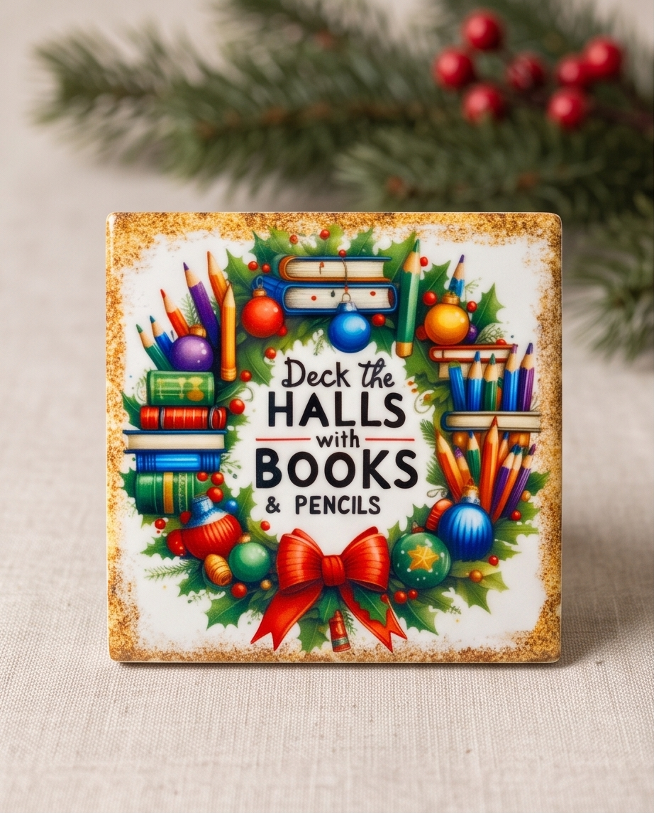 Christmas Teacher Ceramic Coaster with Cork Backing 4x4 | Deck the Halls with Books and Pencils | Teacher Christmas Gift