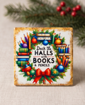 Christmas Teacher Ceramic Coaster with Cork Backing 4x4 | Deck the Halls with Books and Pencils | Teacher Christmas Gift