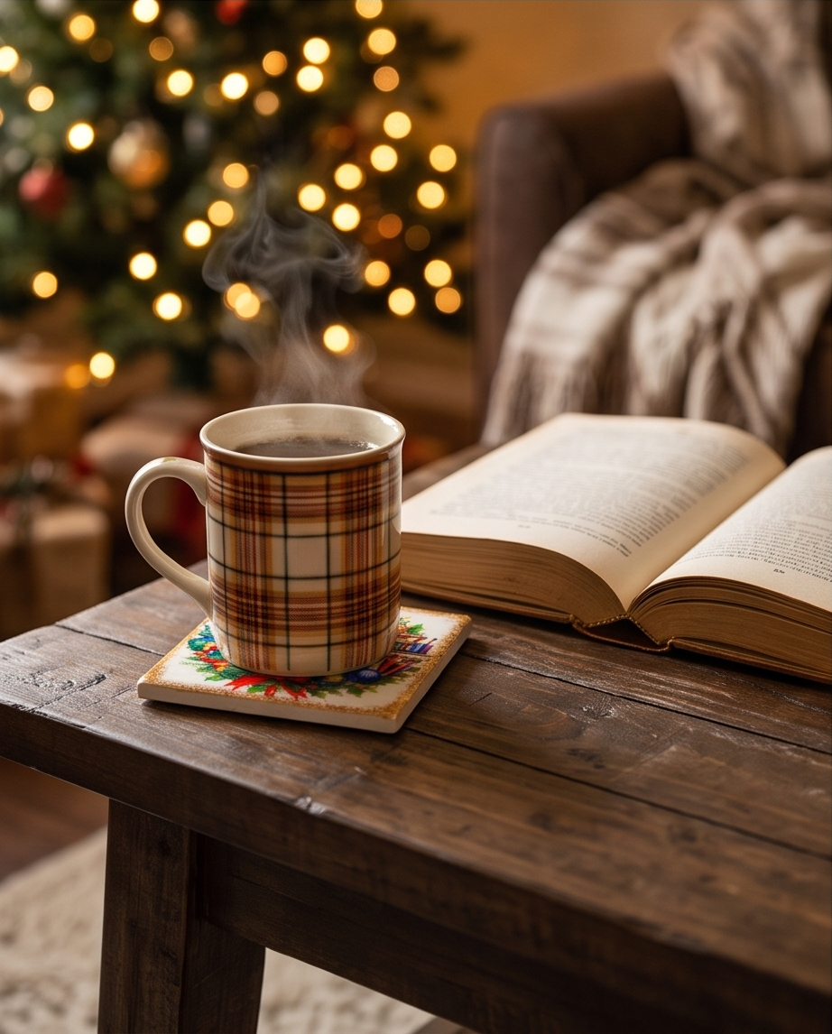 Christmas Teacher Ceramic Coaster with Cork Backing 4x4 | Deck the Halls with Books and Pencils | Teacher Christmas Gift