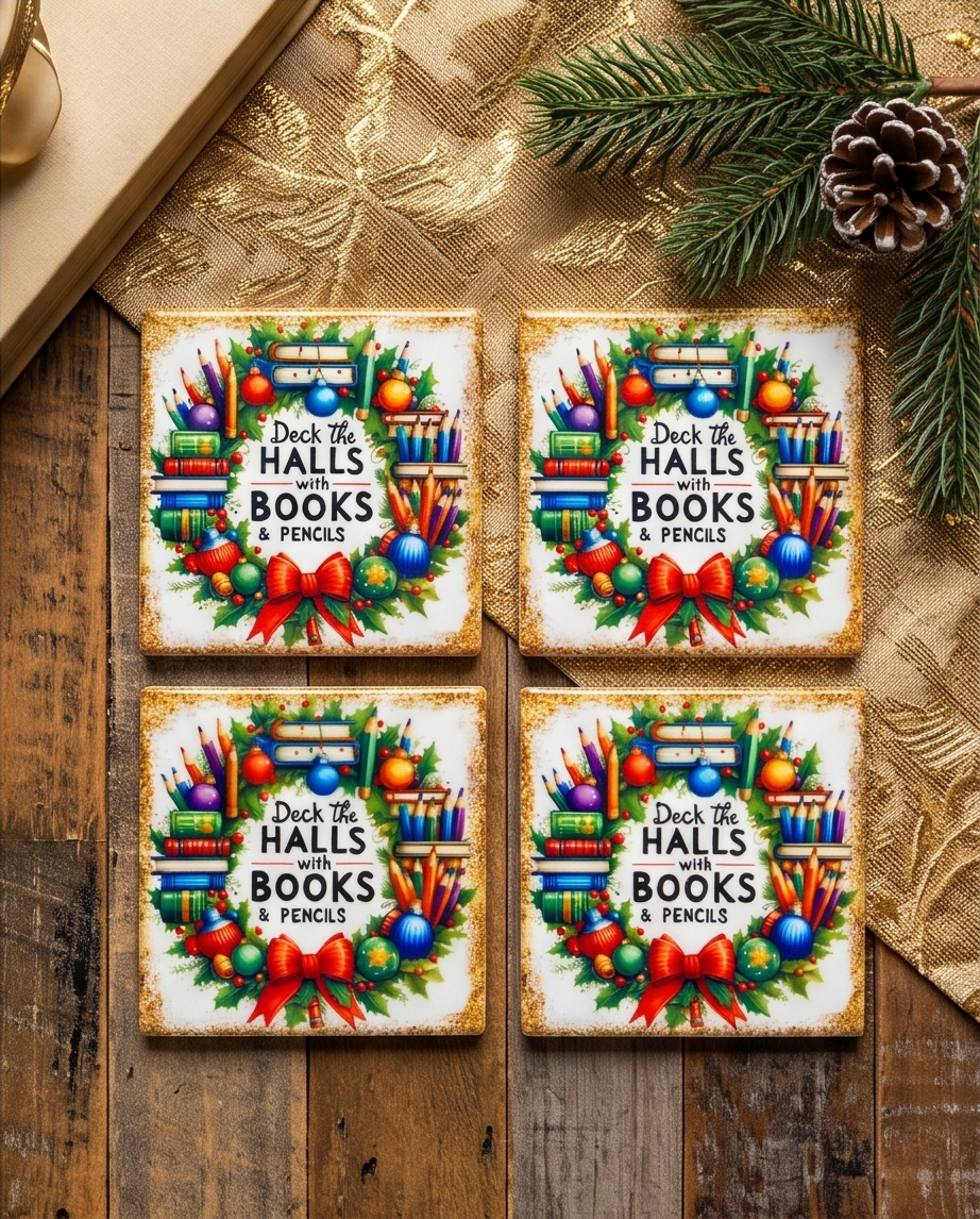 Christmas Teacher Ceramic Coaster with Cork Backing 4x4 | Deck the Halls with Books and Pencils | Teacher Christmas Gift