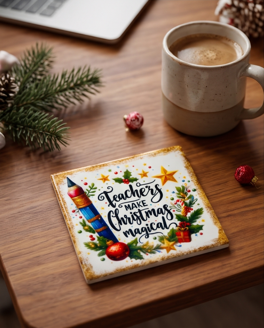 Christmas Teacher Ceramic Coaster with Cork Backing 4x4 | Teachers Make Christmas Magical | Teacher Appreciation Gift | Holiday Desk Decor
