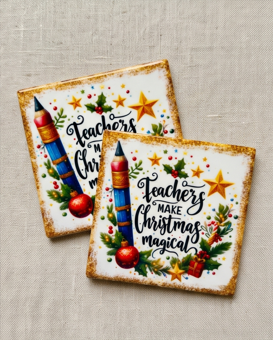 Christmas Teacher Ceramic Coaster with Cork Backing 4x4 | Teachers Make Christmas Magical | Teacher Appreciation Gift | Holiday Desk Decor