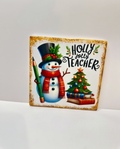 Christmas Teacher Ceramic Coaster with Cork Backing 4x4 | Holly Jolly Teacher Snowman Coaster | Teacher Christmas Gift | Holiday Desk Decor