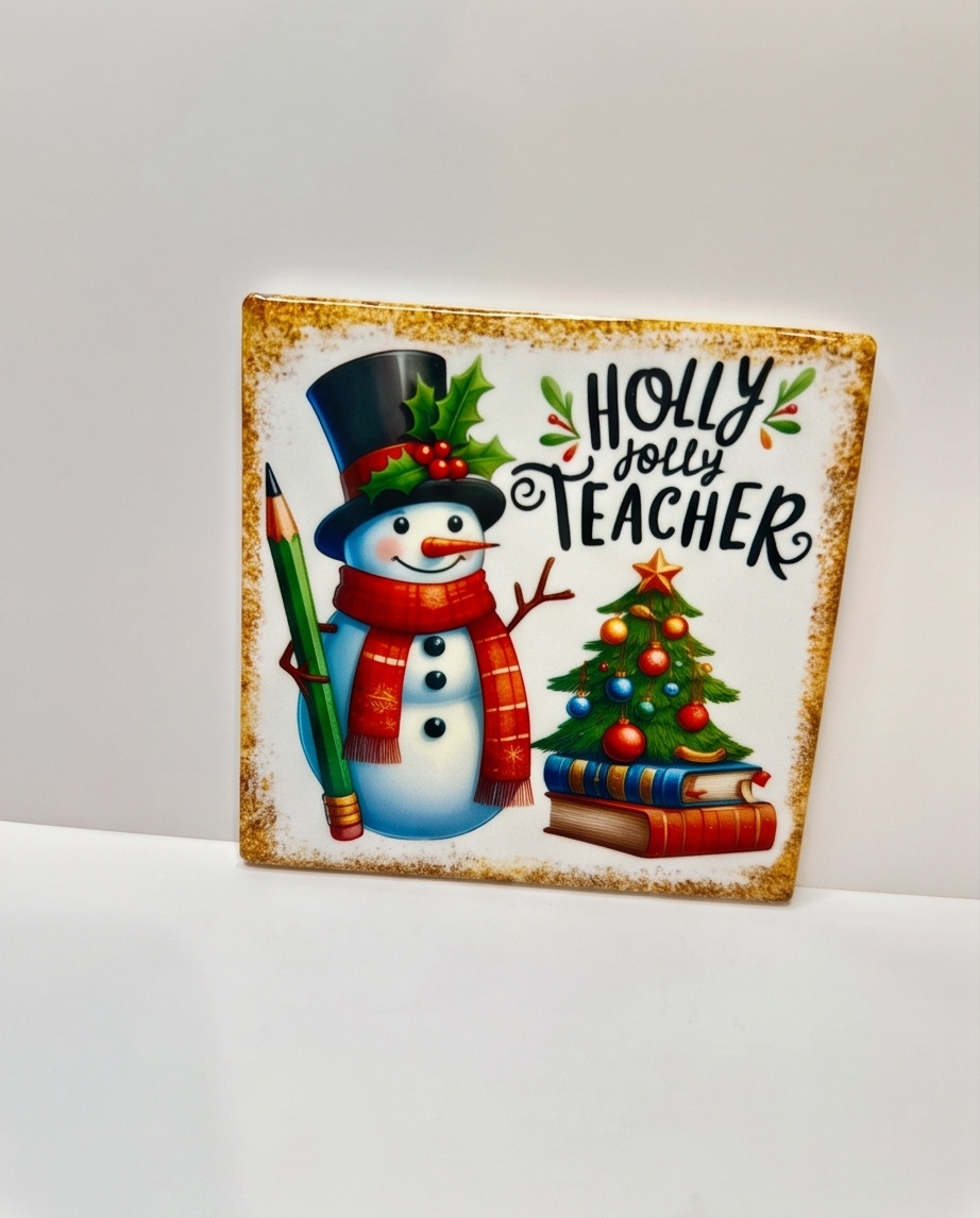 Christmas Teacher Ceramic Coaster with Cork Backing 4x4 | Holly Jolly Teacher Snowman Coaster | Teacher Christmas Gift | Holiday Desk Decor