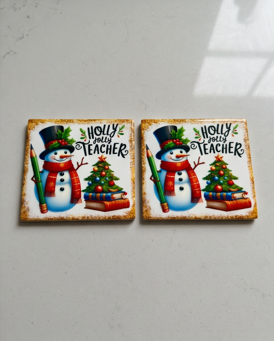 Christmas Teacher Ceramic Coaster with Cork Backing 4x4 | Holly Jolly Teacher Snowman Coaster | Teacher Christmas Gift | Holiday Desk Decor