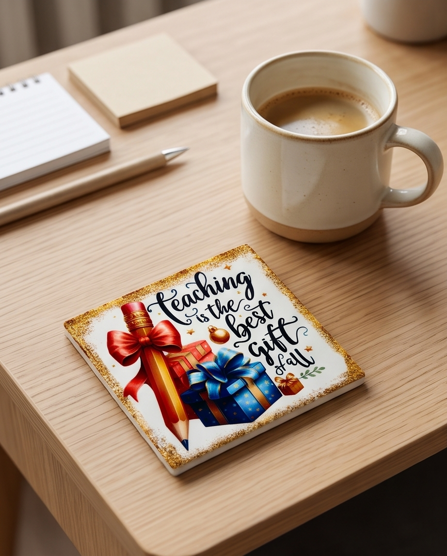 Teacher Appreciation Ceramic Coaster with Cork Backing 4x4 | Teaching Is the Best Gift of All | Christmas Teacher Gift | Teacher Desk Decor