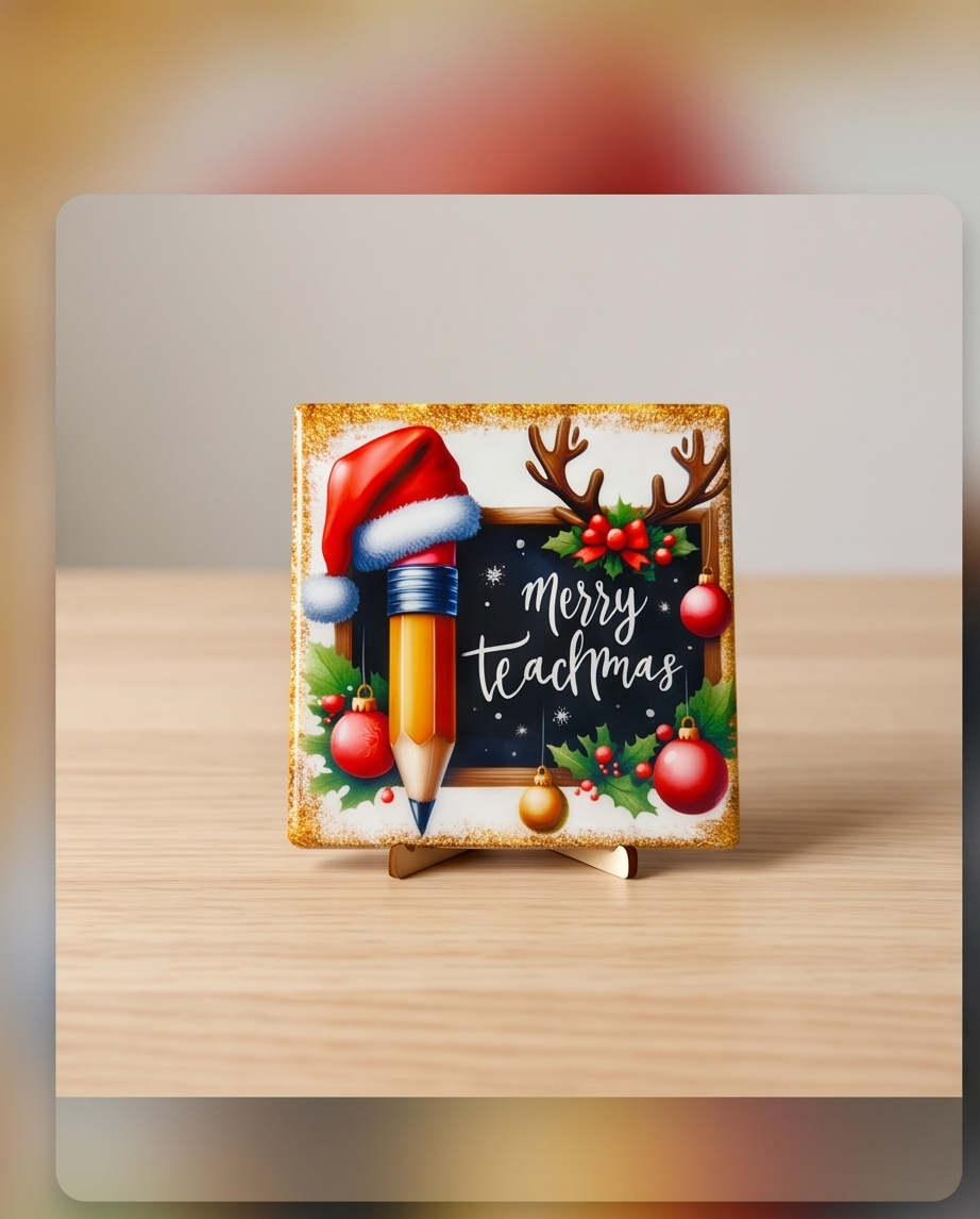 Merry Teachmas Teacher Christmas Gift | 4x4 Ceramic Coaster with Cork Backing | Holiday Teacher Appreciation Gift | Classroom Desk Decor