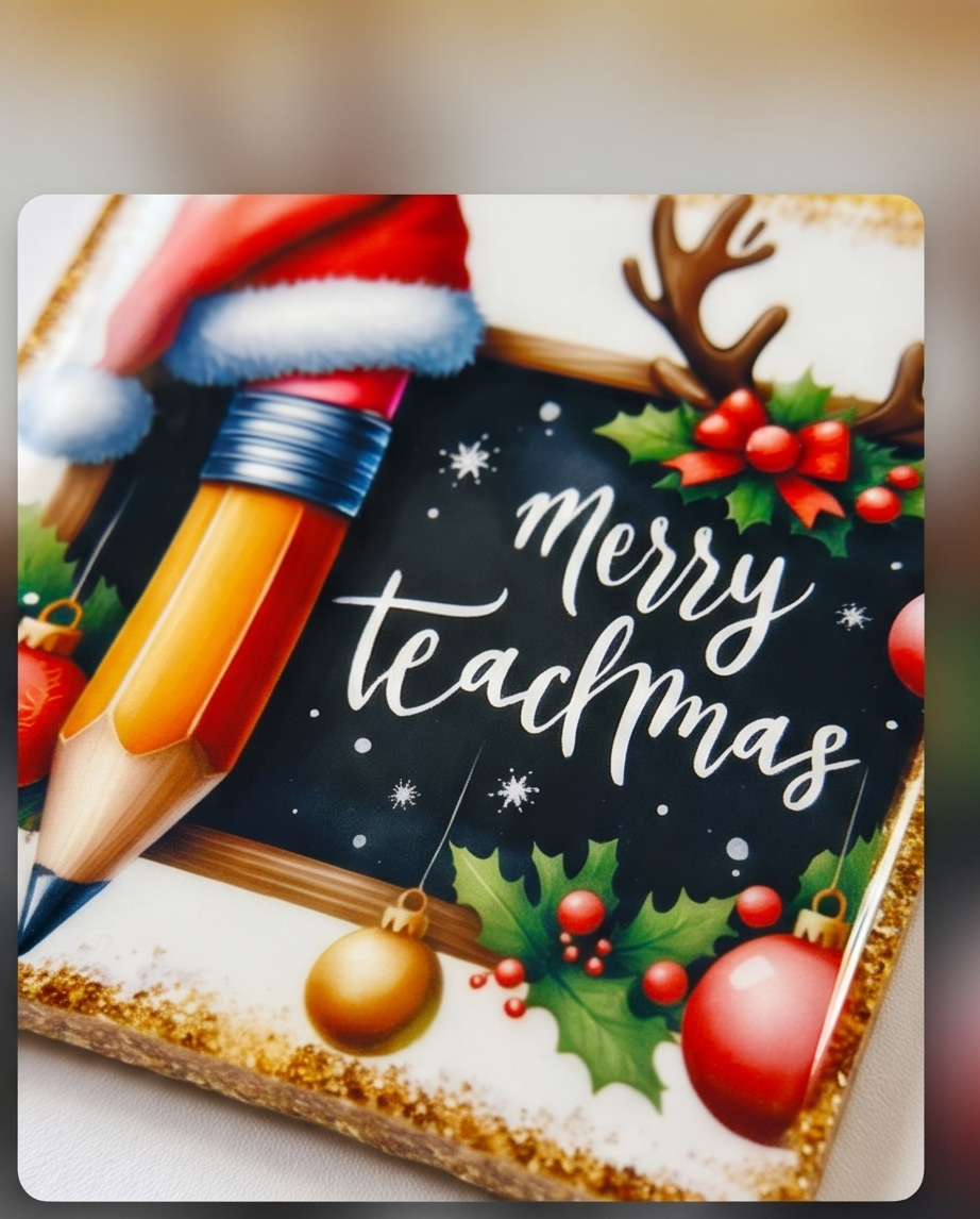 Merry Teachmas Teacher Christmas Gift | 4x4 Ceramic Coaster with Cork Backing | Holiday Teacher Appreciation Gift | Classroom Desk Decor