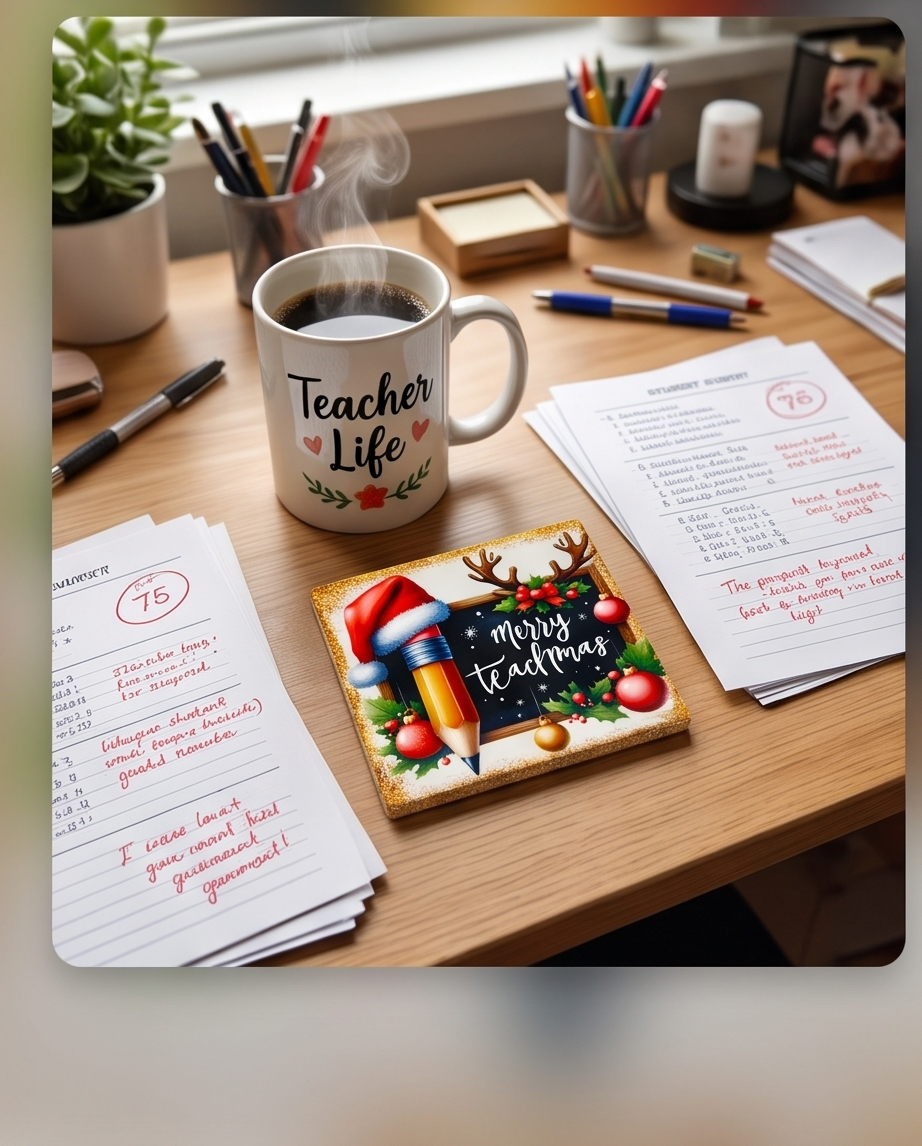 Merry Teachmas Teacher Christmas Gift | 4x4 Ceramic Coaster with Cork Backing | Holiday Teacher Appreciation Gift | Classroom Desk Decor