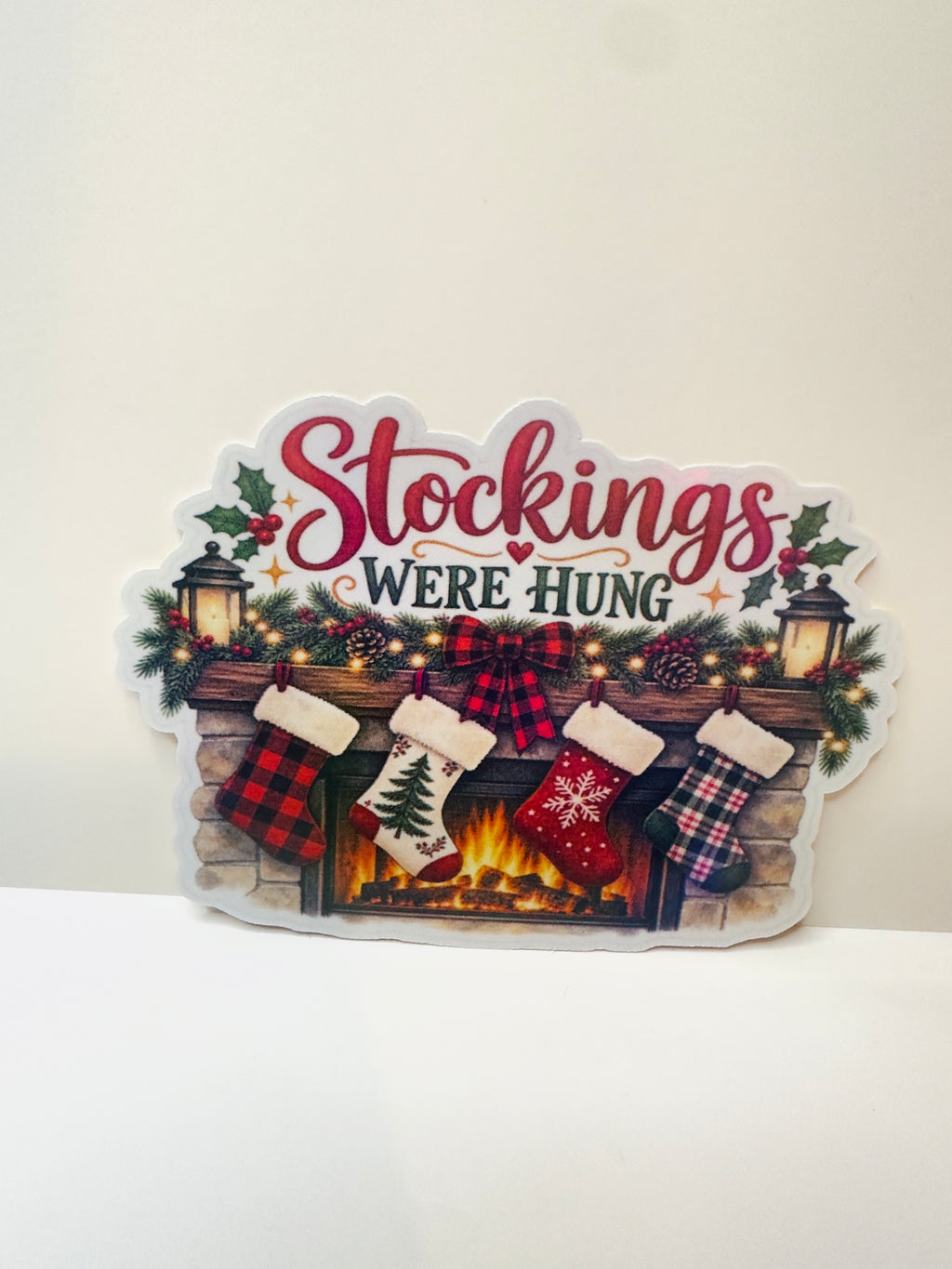Christmas Stockings Were Hung Sticker | 4x3 Laminated Christmas Sticker | Cozy Fireplace Holiday Decal | Buffalo Plaid Christmas Decor