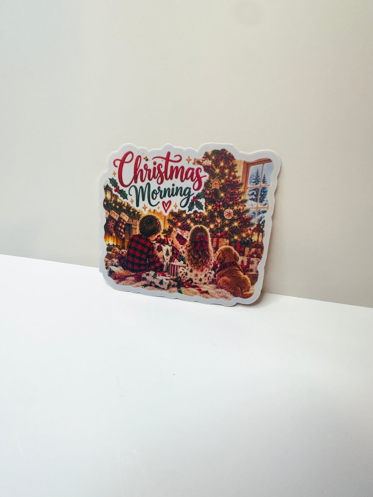 Christmas Morning Sticker | 3 Inch Laminated Holiday Sticker | Kids and Dog Christmas Tree Decal | Cozy Christmas Gift | Stocking Stuffer