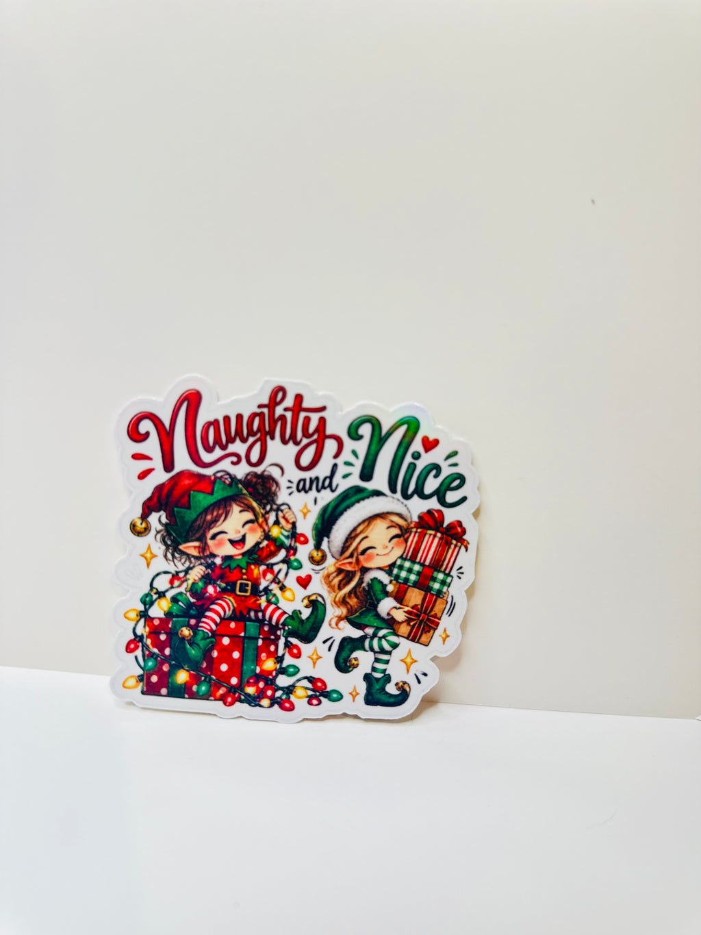 Naughty and Nice Christmas Elf Sticker | 3 Inch Laminated Holiday Sticker | Cute Christmas Elves with Presents | Stocking Stuffer Gift