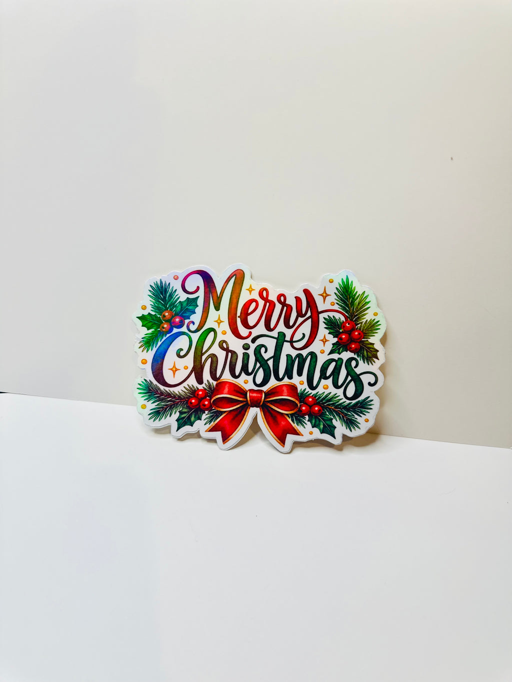 Merry Christmas Sticker | 4x3 Laminated Holiday Sticker | Colorful Christmas Lettering with Holly Berries