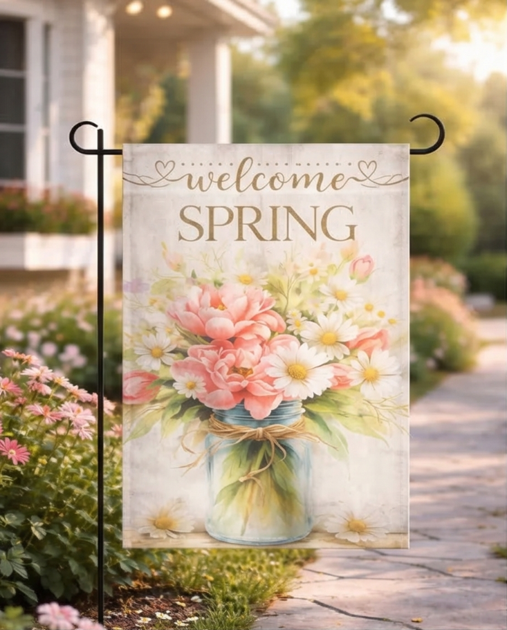 Welcome Spring Mason Jar Garden Flag 💗✨