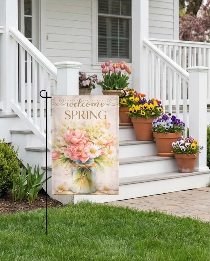 Welcome Spring Mason Jar Garden Flag 💗✨